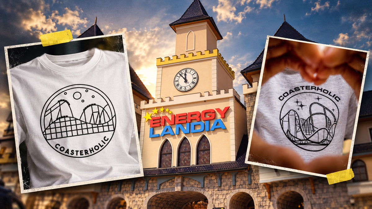 Gestaltete Collage mit dem Coasterholic-Shirt von Coasterfashion, dem Coasterholic-Shirt von Energylandia und dem Eingang des Freizeitparks.