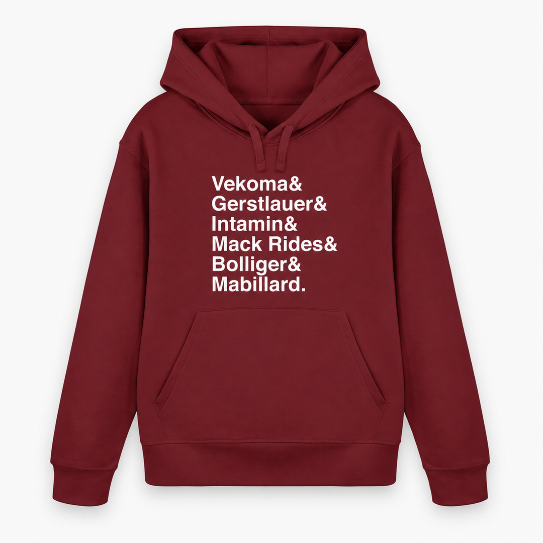 Achterbahn Hersteller Hoodie von Coasterfashion in Burgundy mit weißem Frontprint – Vorderansicht