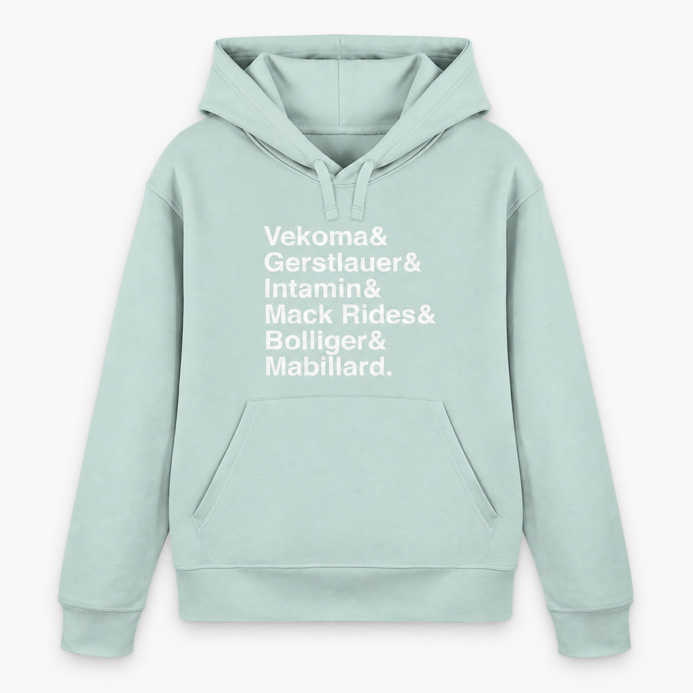 Achterbahn Hersteller Hoodie von Coasterfashion in Caribbean Blue mit weißem Frontprint – Vorderansicht