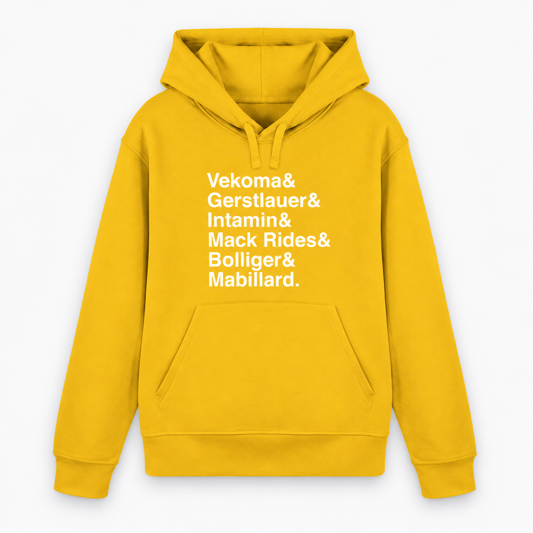 Achterbahn Hersteller Hoodie von Coasterfashion in Gelb mit weißem Frontprint – Vorderansicht