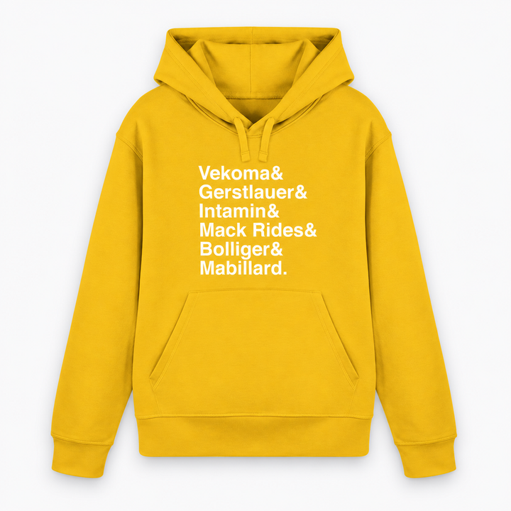 Achterbahn Hersteller Hoodie von Coasterfashion in Gelb mit weißem Frontprint – Vorderansicht