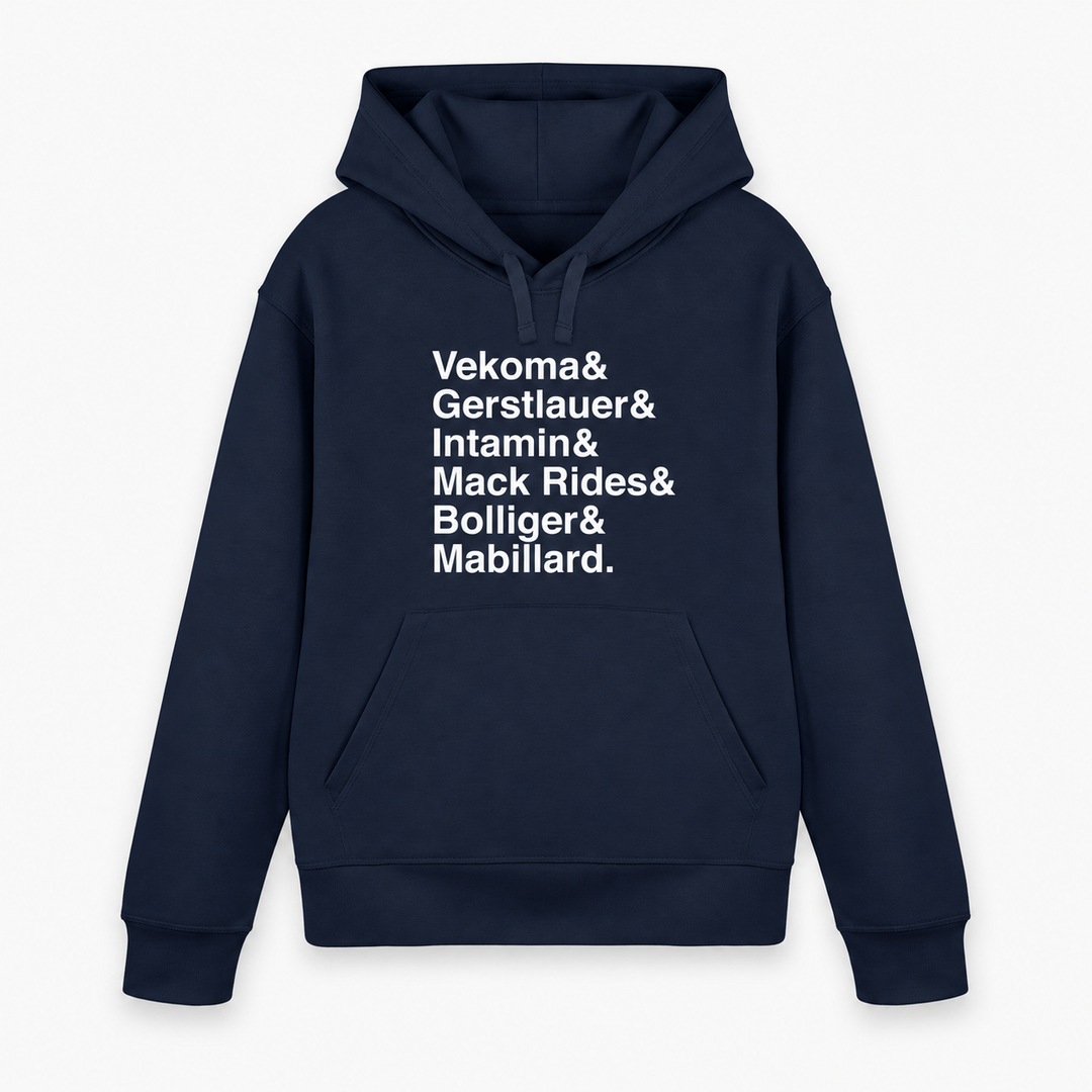 Achterbahn Hersteller Hoodie von Coasterfashion in Navy mit weißem Frontprint – Vorderansicht
