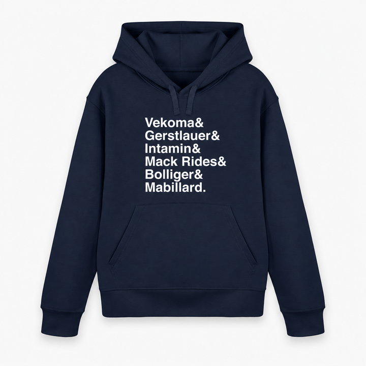 Achterbahn Hersteller Hoodie von Coasterfashion in Navy mit weißem Frontprint – Vorderansicht