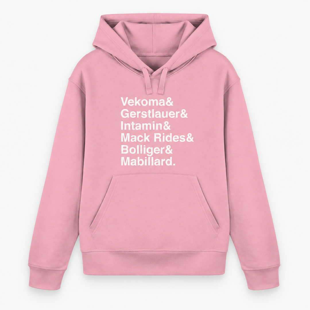 Achterbahn Hersteller Hoodie von Coasterfashion in Pink mit weißem Frontprint – Vorderansicht