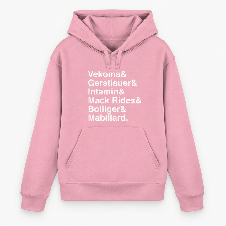 Achterbahn Hersteller Hoodie von Coasterfashion in Pink mit weißem Frontprint – Vorderansicht