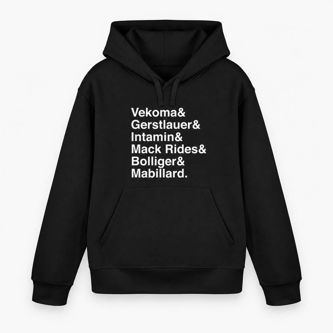 Achterbahn Hersteller Hoodie von Coasterfashion in Schwarz mit weißem Frontprint – Vorderansicht