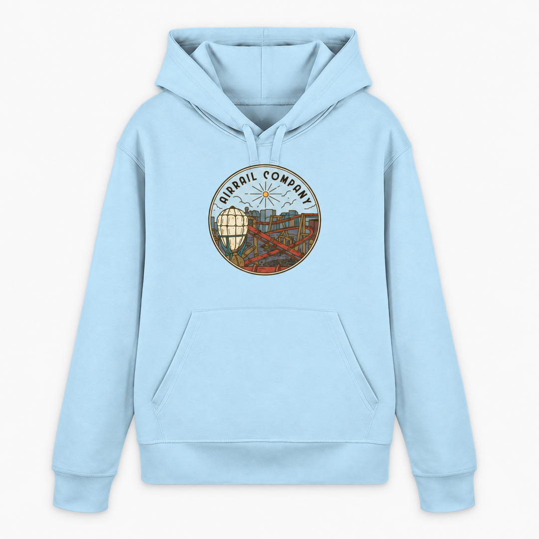 AIRRAIL COMPANY Hoodie von Coasterfashion in Himmelblau – Vorderansicht mit rundem Luftschiff- und Achterbahn-Motiv