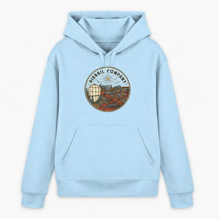 AIRRAIL COMPANY Hoodie von Coasterfashion in Himmelblau – Vorderansicht mit rundem Luftschiff- und Achterbahn-Motiv