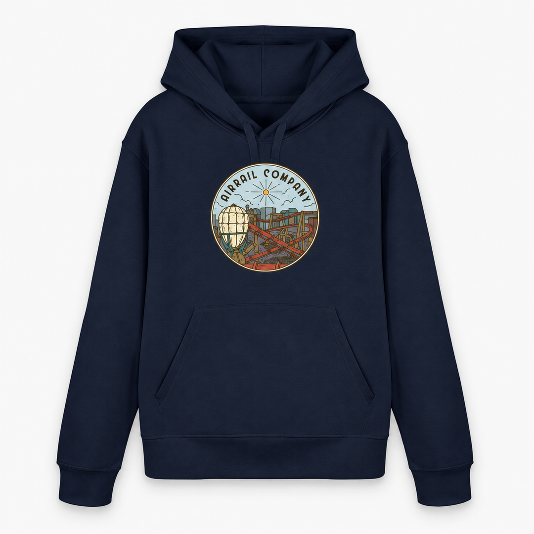 AIRRAIL COMPANY Hoodie von Coasterfashion in Navy – Vorderansicht mit rundem Luftschiff- und Achterbahn-Motiv