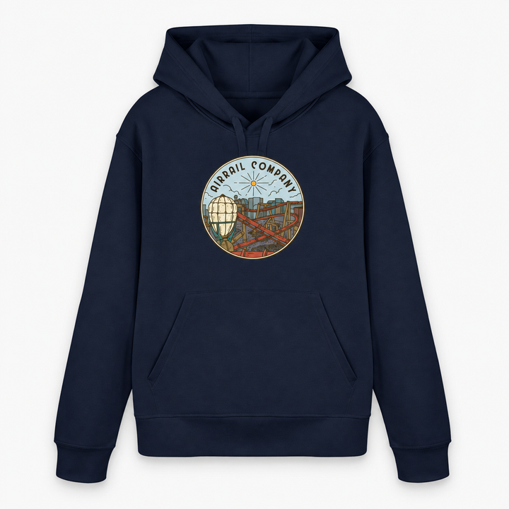 AIRRAIL COMPANY Hoodie von Coasterfashion in Navy – Vorderansicht mit rundem Luftschiff- und Achterbahn-Motiv
