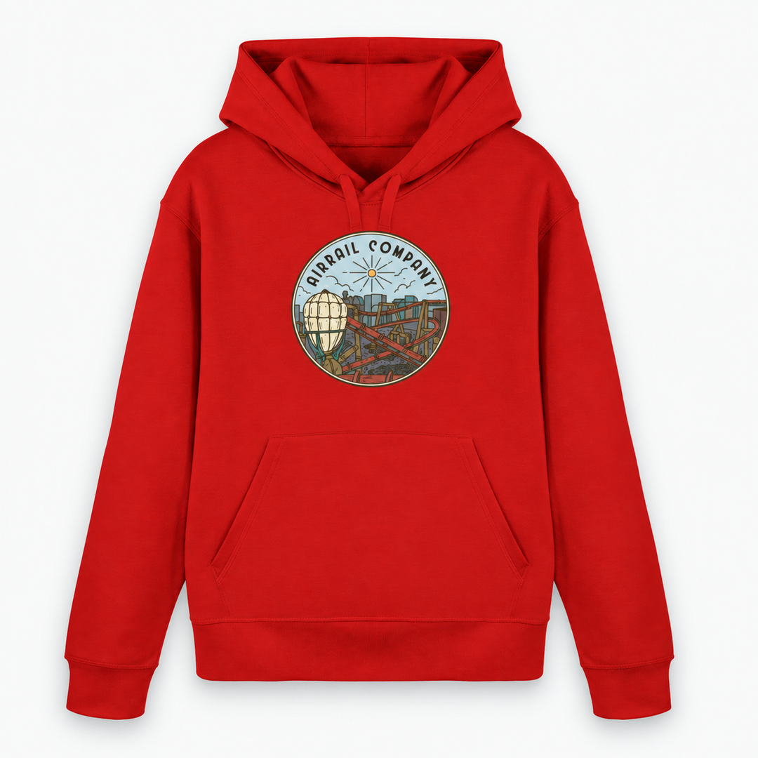 AIRRAIL COMPANY Hoodie von Coasterfashion in Rot – Vorderansicht mit rundem Luftschiff- und Achterbahn-Motiv