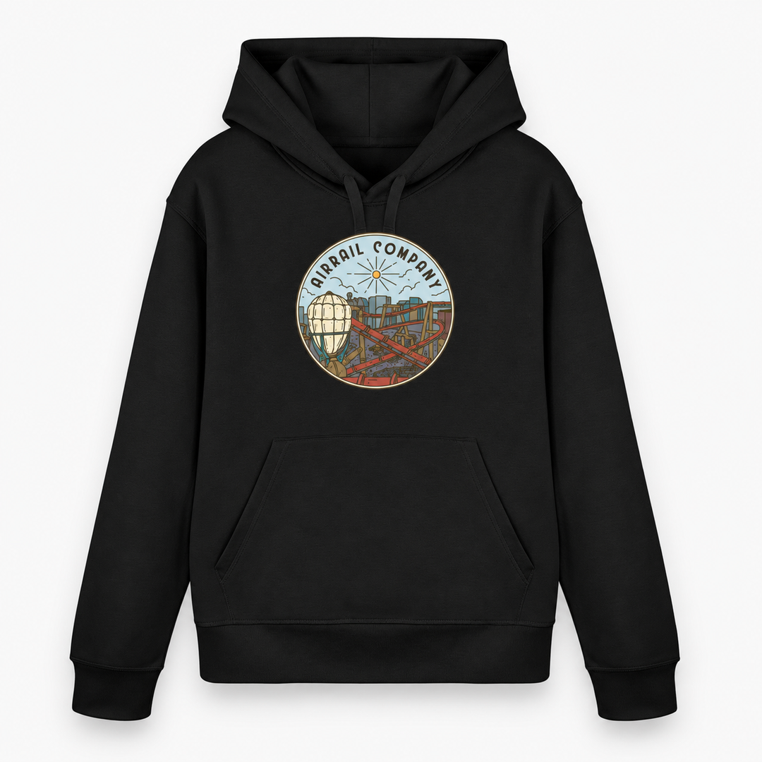 AIRRAIL COMPANY Hoodie von Coasterfashion in Schwarz – Vorderansicht mit rundem Luftschiff- und Achterbahn-Motiv