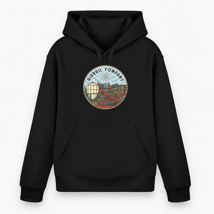 AIRRAIL COMPANY Hoodie von Coasterfashion in Schwarz – Vorderansicht mit rundem Luftschiff- und Achterbahn-Motiv