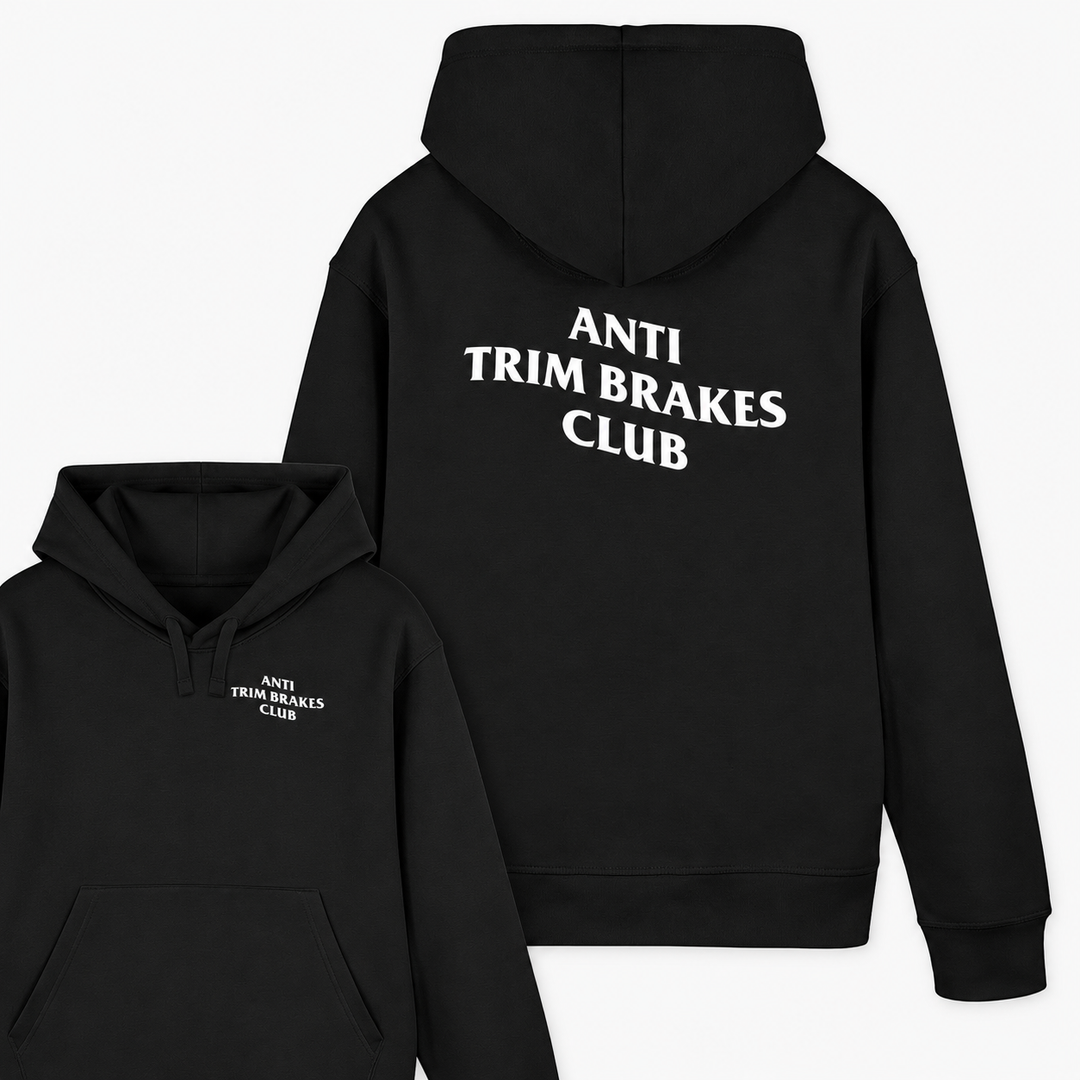 ANTI TRIM BRAKES CLUB Hoodie – Schwarz, Vorder- und Rückseite
