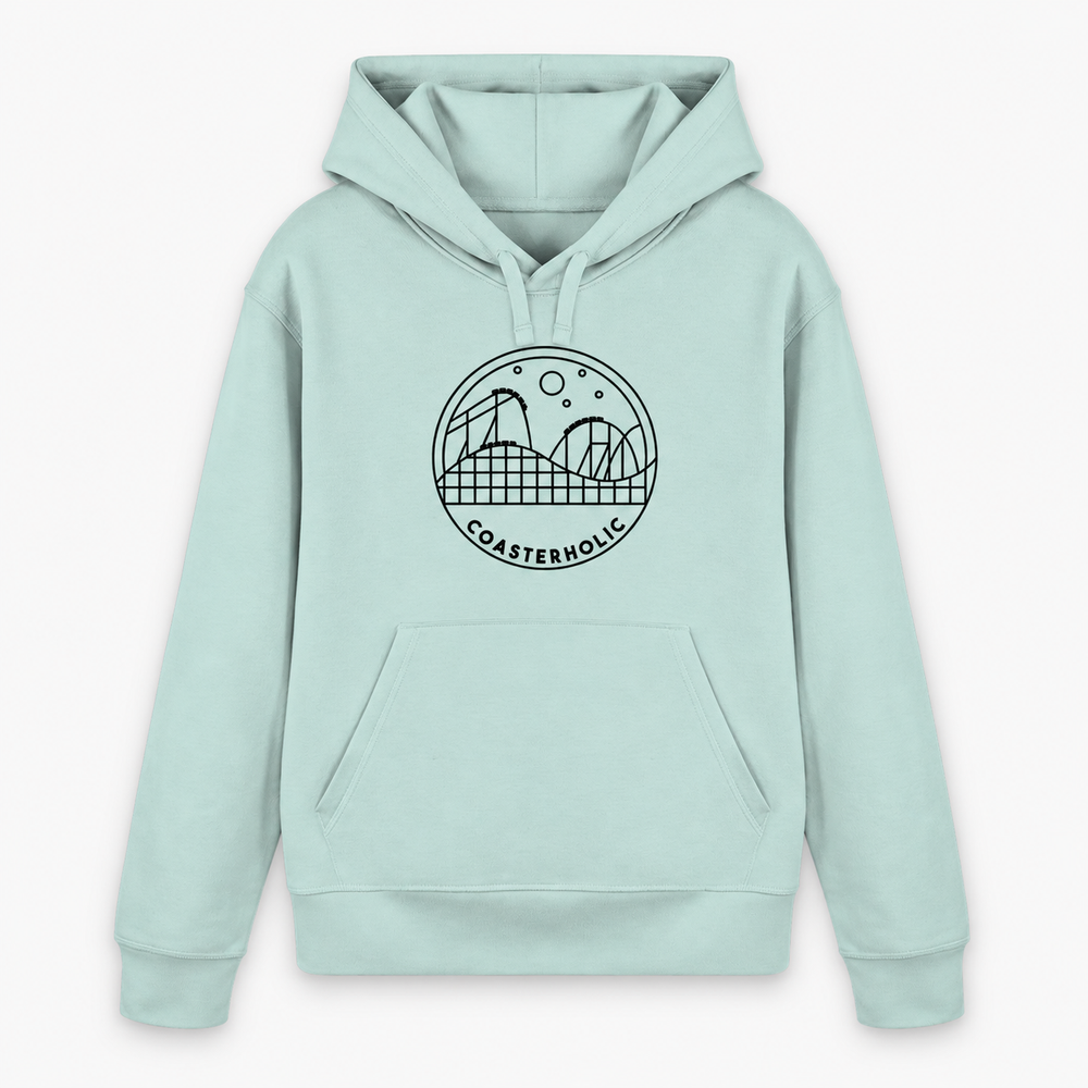 COASTERHOLIC Hoodie von Coasterfashion in Caribbean Blue – Vorderansicht mit schwarzer Achterbahn-Skyline im Kreis