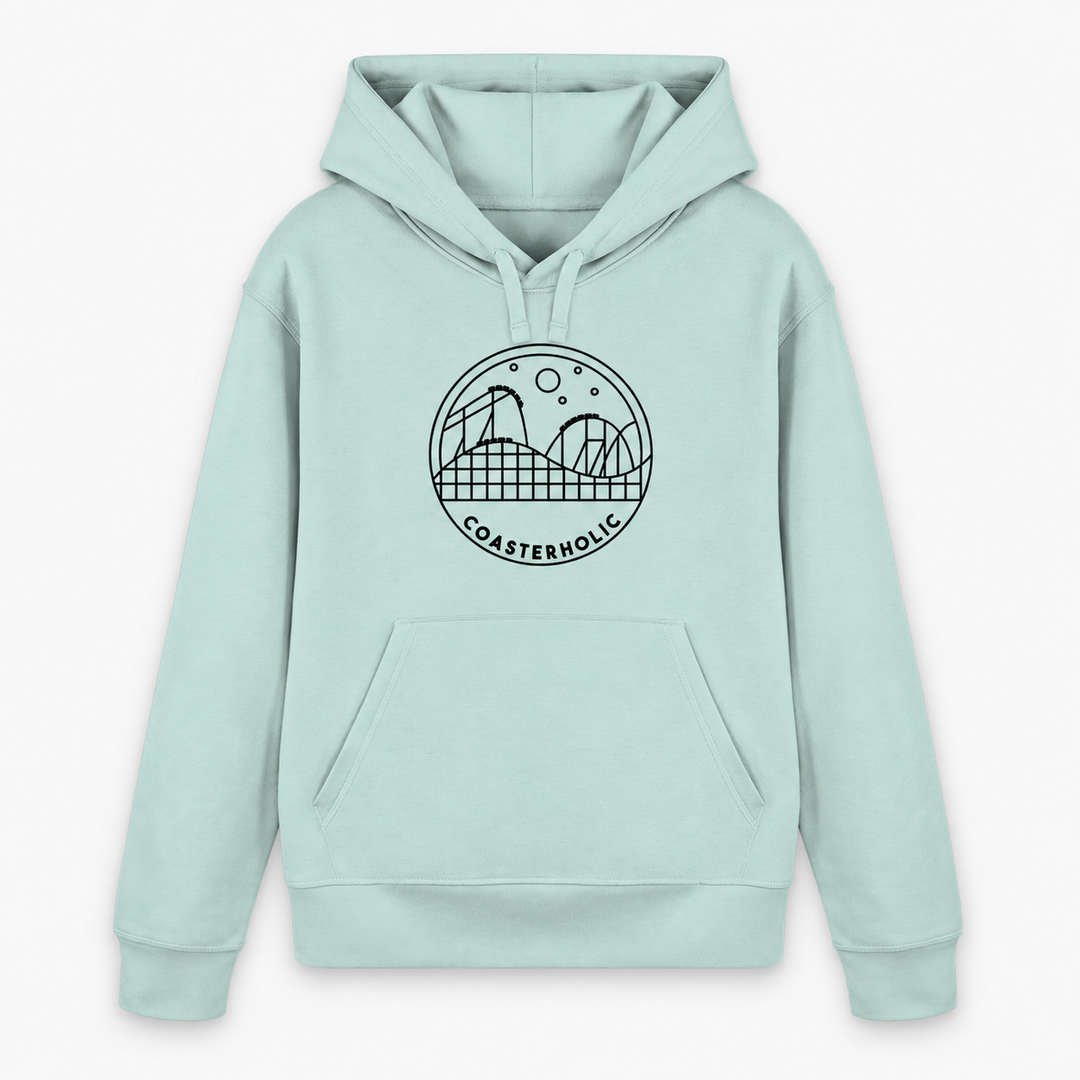 COASTERHOLIC Hoodie von Coasterfashion in Caribbean Blue – Vorderansicht mit schwarzer Achterbahn-Skyline im Kreis