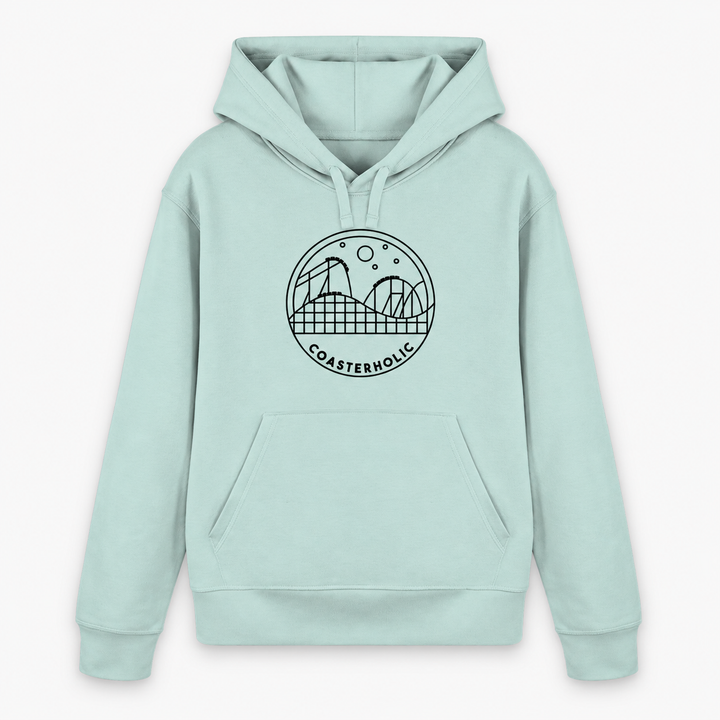 COASTERHOLIC Hoodie von Coasterfashion in Caribbean Blue – Vorderansicht mit schwarzer Achterbahn-Skyline im Kreis