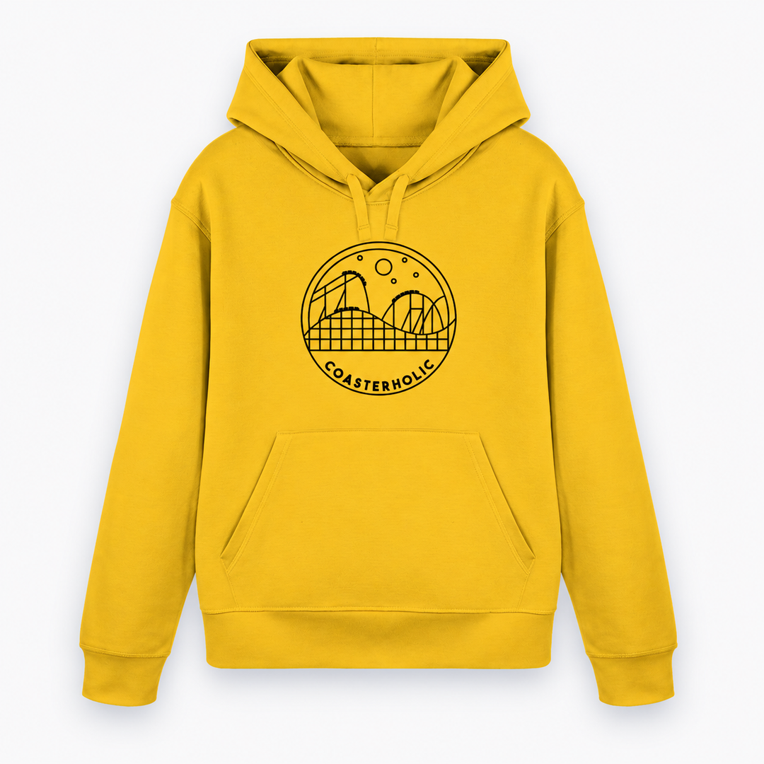 COASTERHOLIC Hoodie von Coasterfashion in Gelb – Vorderansicht mit schwarzer Achterbahn-Skyline im Kreis