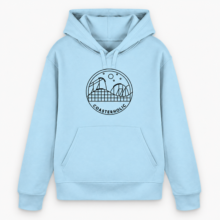 COASTERHOLIC Hoodie von Coasterfashion in Himmelblau – Vorderansicht mit schwarzer Achterbahn-Skyline im Kreis
