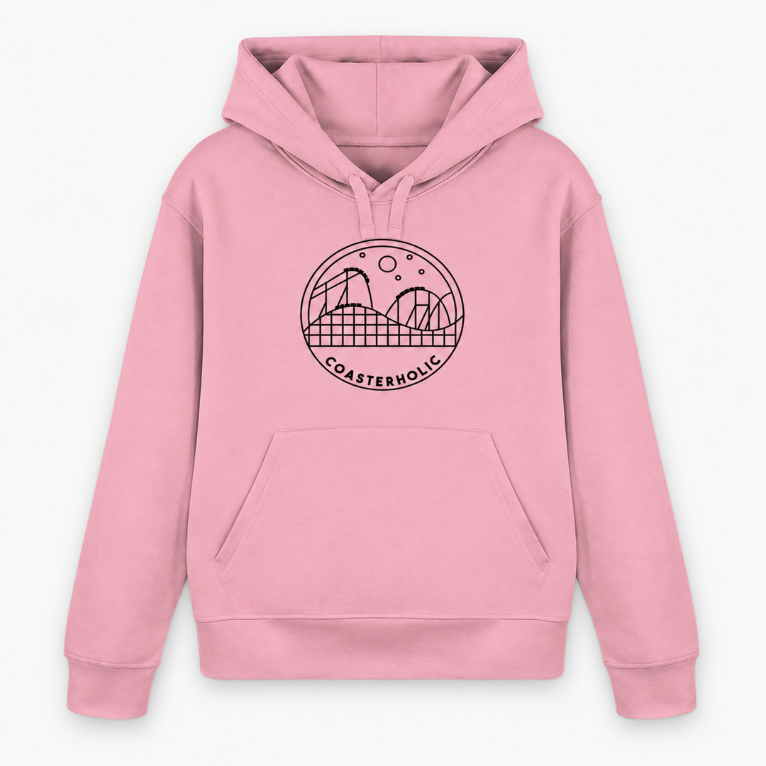 COASTERHOLIC Hoodie von Coasterfashion in Pink – Vorderansicht mit schwarzer Achterbahn-Skyline im Kreis