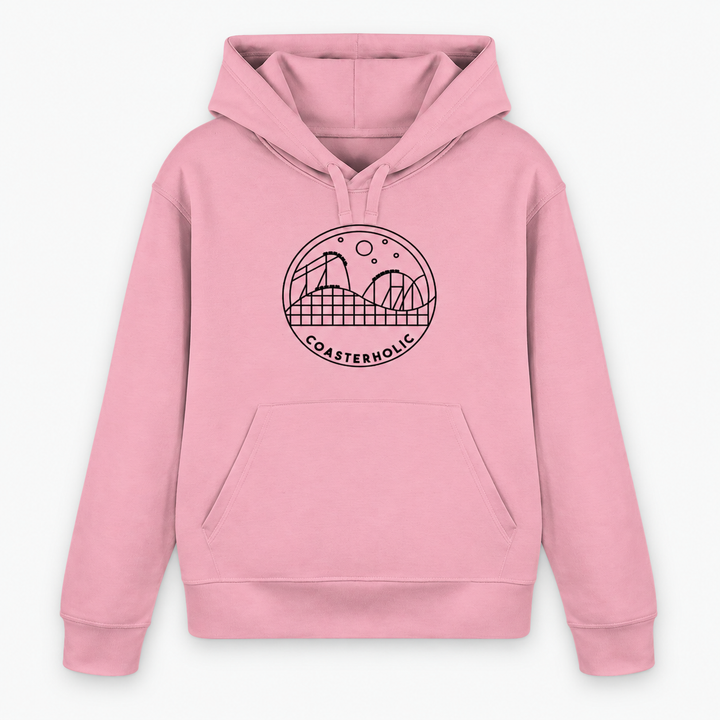 COASTERHOLIC Hoodie von Coasterfashion in Pink – Vorderansicht mit schwarzer Achterbahn-Skyline im Kreis