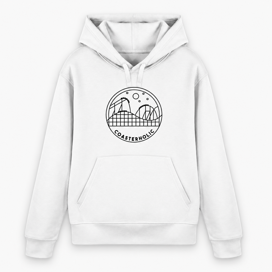 COASTERHOLIC Hoodie von Coasterfashion in Weiß – Vorderansicht mit schwarzer Achterbahn-Skyline im Kreis