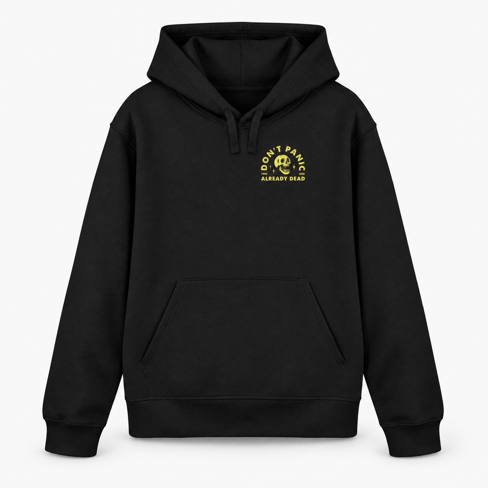 DON'T PANIC Hoodie in Schwarz – Vorderansicht mit kleinem gelbem Totenkopf-Brustprint – Coasterfashion
