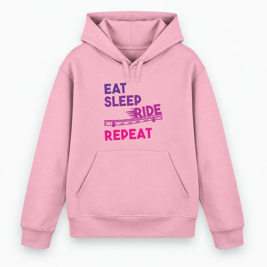EAT SLEEP RIDE REPEAT Hoodie in Pink – Vorderansicht mit violett-pinkem Achterbahn-Print – Coasterfashion