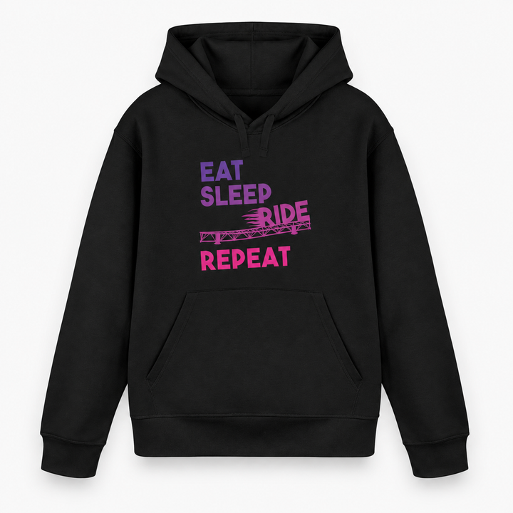 EAT SLEEP RIDE REPEAT Hoodie in Schwarz – Vorderansicht mit violett-pinkem Achterbahn-Print – Coasterfashion