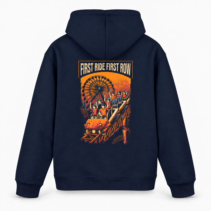 FIRST RIDE FIRST ROW Hoodie in Navy – Rückenansicht mit Achterbahnzug und Riesenrad – Coasterfashion