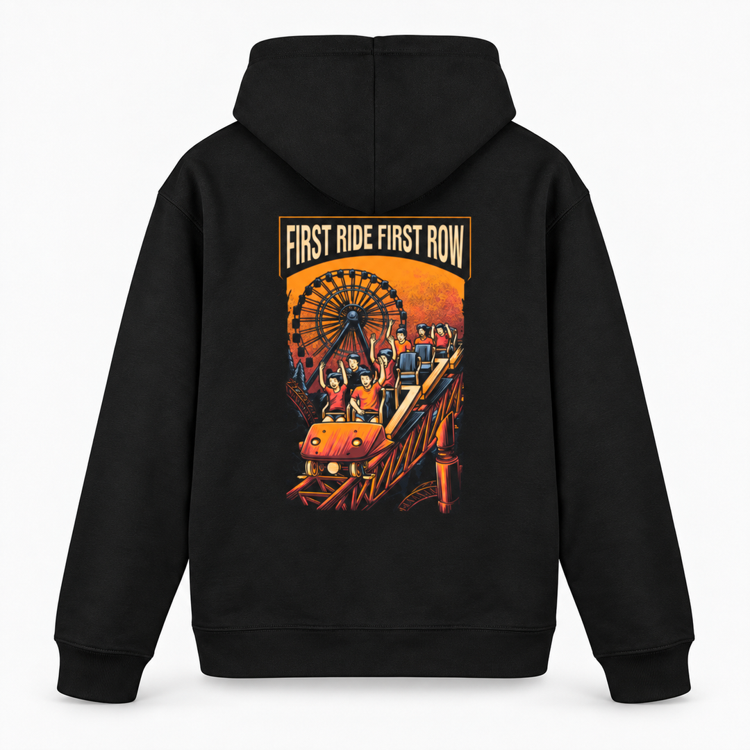 FIRST RIDE FIRST ROW Hoodie in Schwarz – Rückenansicht mit Achterbahnzug und Riesenrad – Coasterfashion