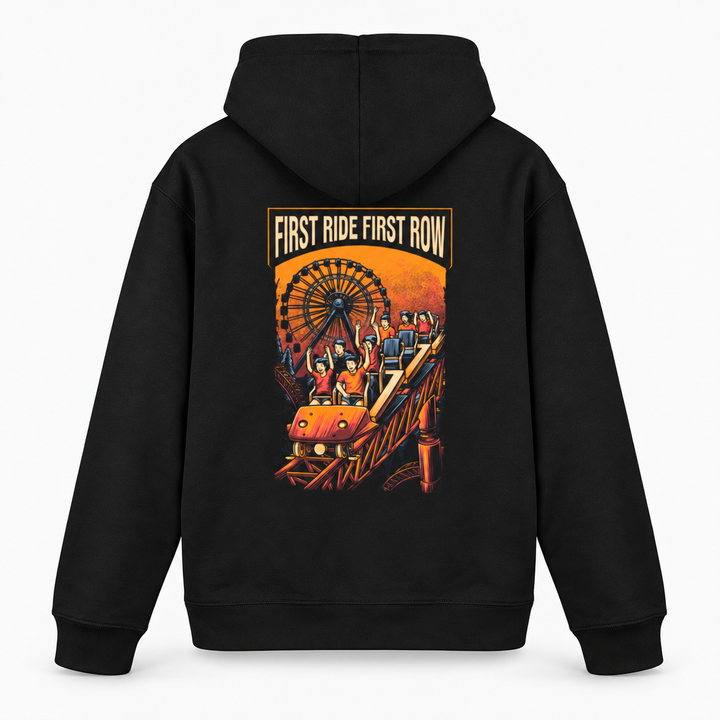 FIRST RIDE FIRST ROW Hoodie in Schwarz – Rückenansicht mit Achterbahnzug und Riesenrad – Coasterfashion