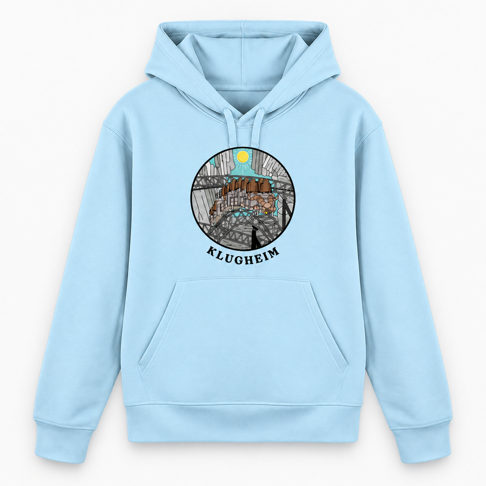 KLUGHEIM Hoodie in Himmelblau – Vorderansicht mit rundem Achterbahn-Motiv – Coasterfashion