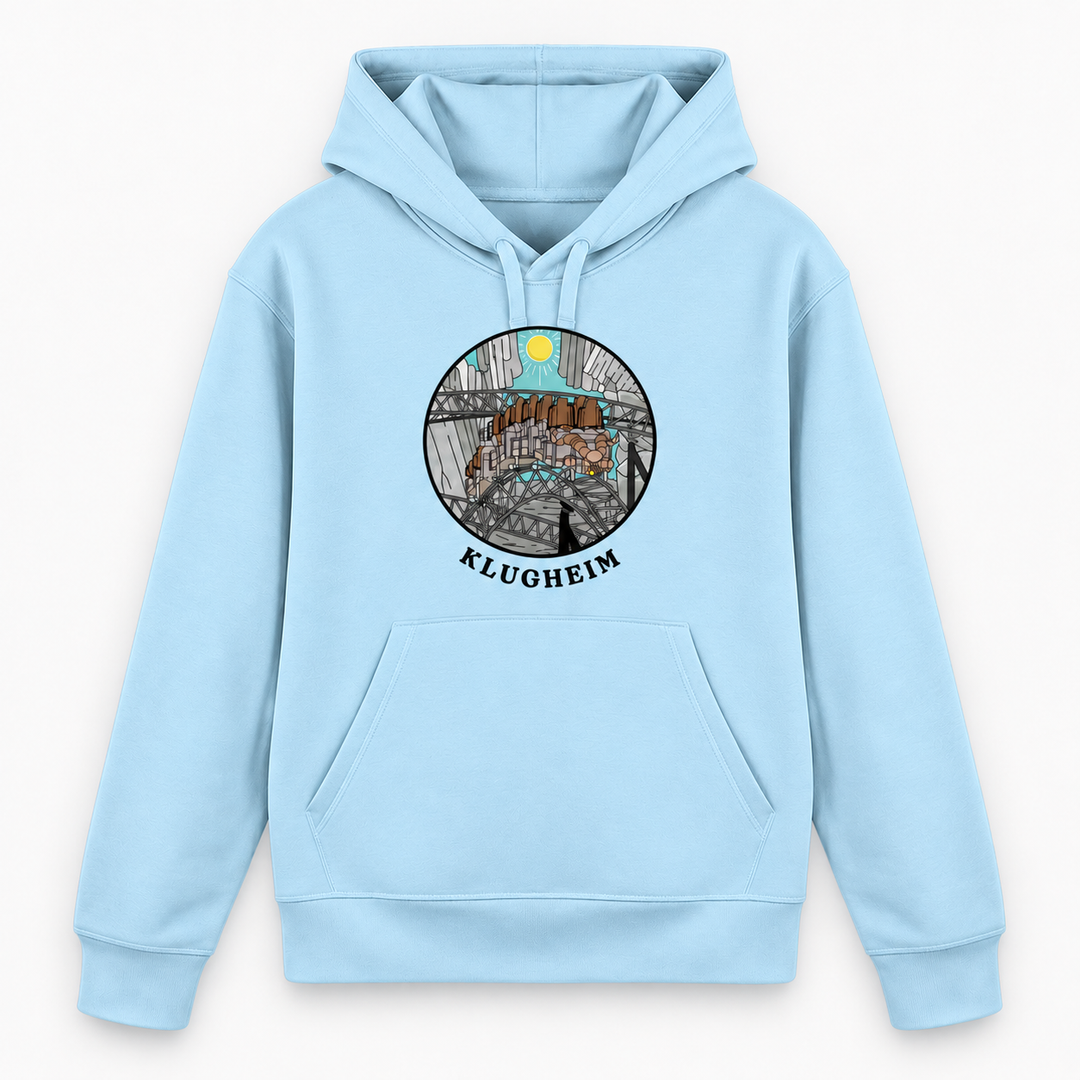 KLUGHEIM Hoodie in Himmelblau – Vorderansicht mit rundem Achterbahn-Motiv – Coasterfashion