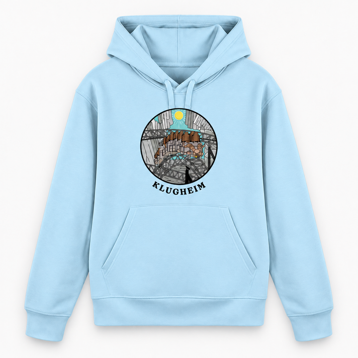 KLUGHEIM Hoodie in Himmelblau – Vorderansicht mit rundem Achterbahn-Motiv – Coasterfashion