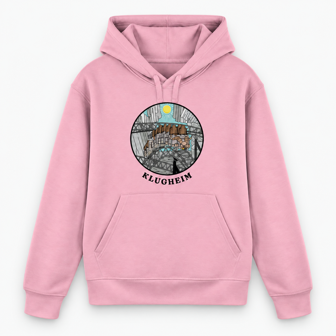 KLUGHEIM Hoodie in Pink – Vorderansicht mit rundem Achterbahn-Motiv – Coasterfashion