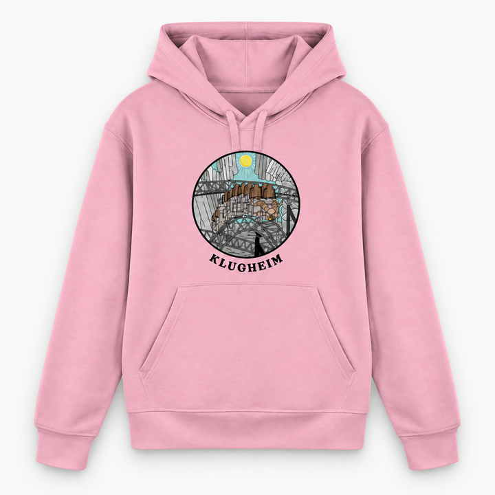 KLUGHEIM Hoodie in Pink – Vorderansicht mit rundem Achterbahn-Motiv – Coasterfashion