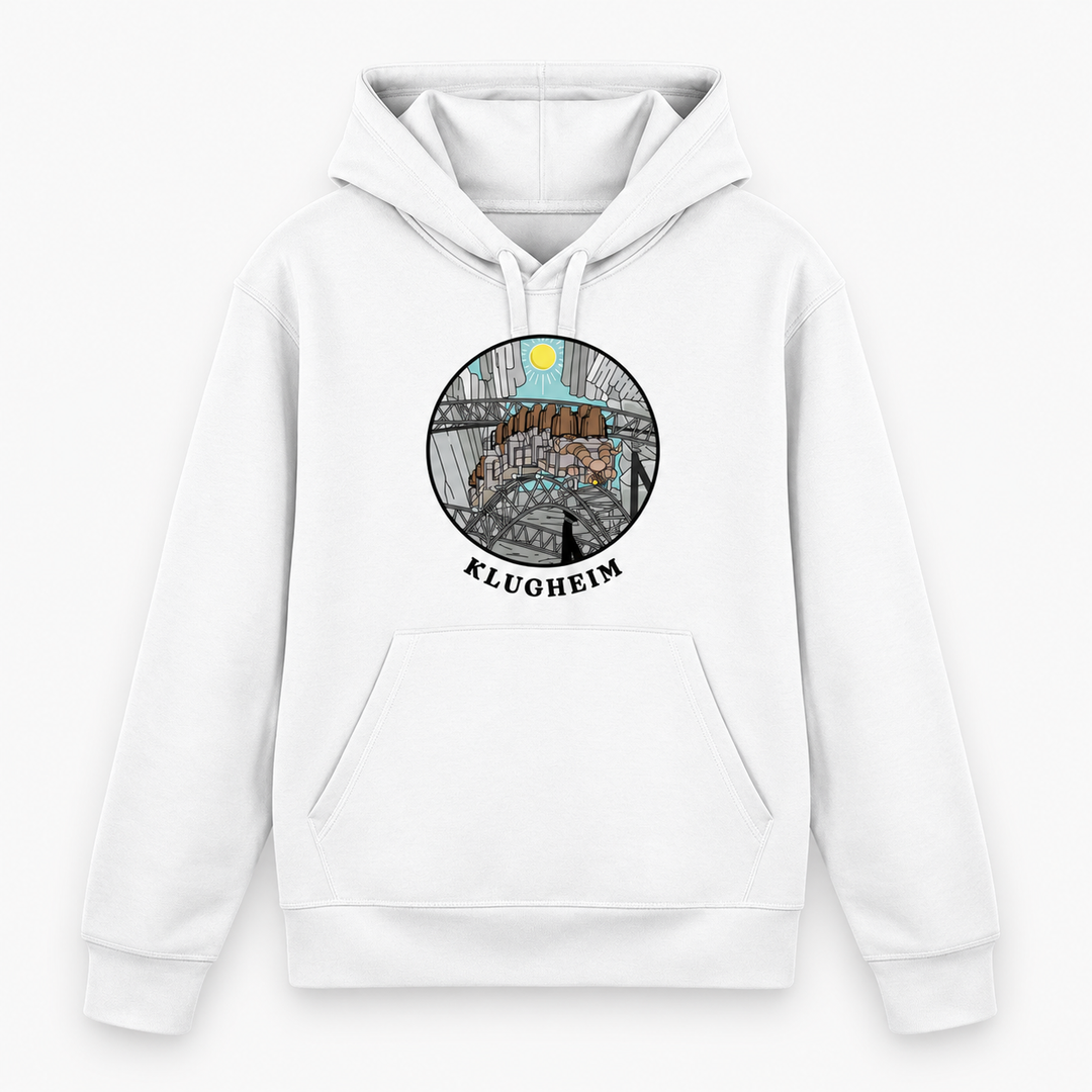 KLUGHEIM Hoodie in Weiß – Vorderansicht mit rundem Achterbahn-Motiv – Coasterfashion