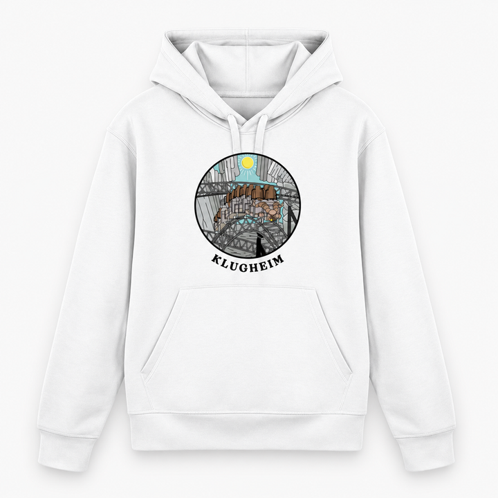 KLUGHEIM Hoodie in Weiß – Vorderansicht mit rundem Achterbahn-Motiv – Coasterfashion