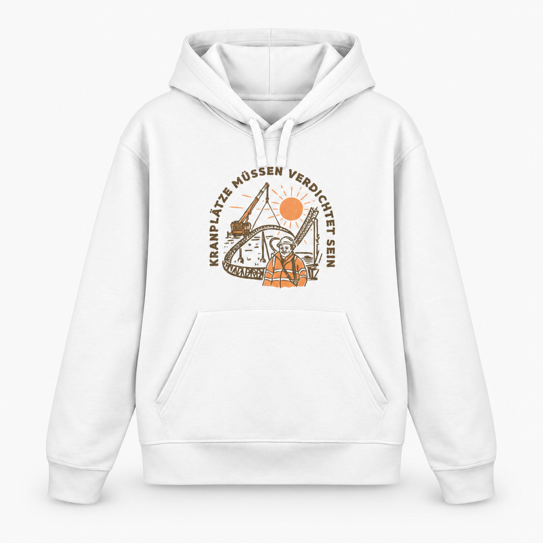 KRANPLÄTZE Hoodie in Weiß – Frontprint mit Kran, Achterbahn und Bauarbeiter – Coasterfashion