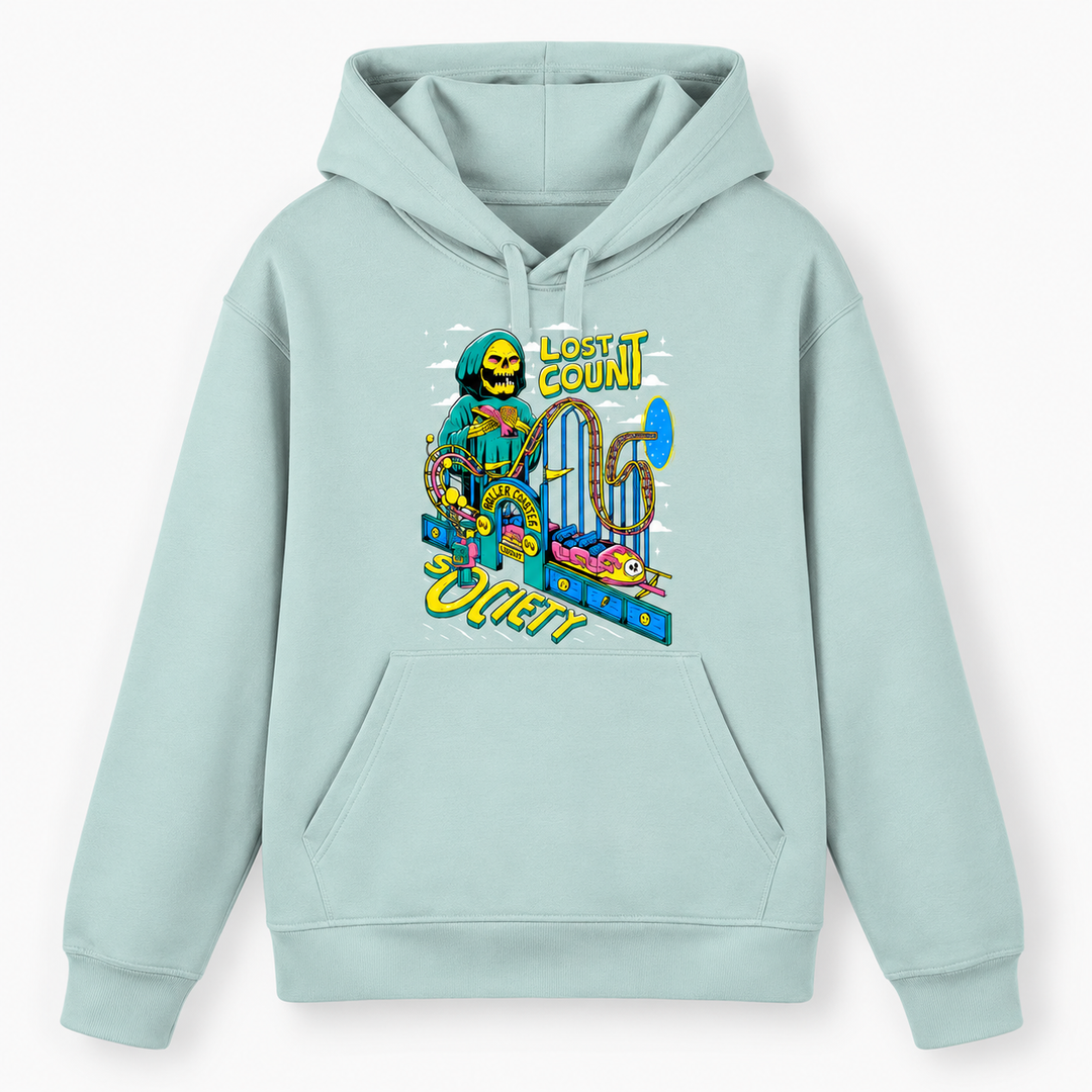LOST COUNT SOCIETY Hoodie in Caribbean Blue – Vorderansicht mit buntem Skelett- und Achterbahn-Print – Coasterfashion