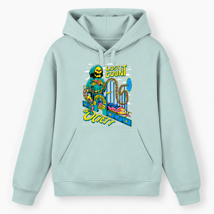 LOST COUNT SOCIETY Hoodie in Caribbean Blue – Vorderansicht mit buntem Skelett- und Achterbahn-Print – Coasterfashion