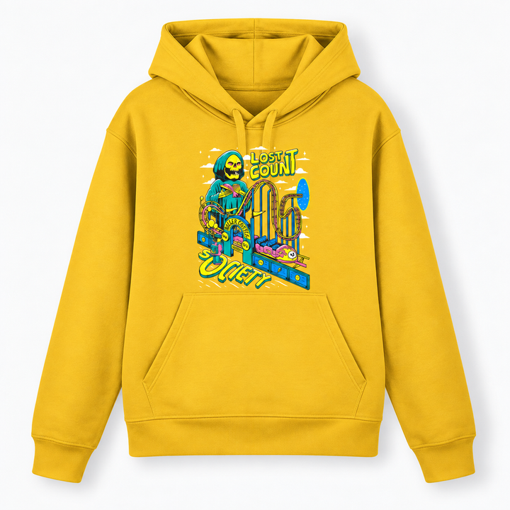 LOST COUNT SOCIETY Hoodie in Gelb – Vorderansicht mit buntem Skelett- und Achterbahn-Print – Coasterfashion