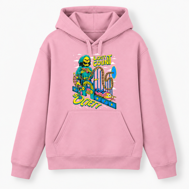 LOST COUNT SOCIETY Hoodie in Pink – Vorderansicht mit buntem Skelett- und Achterbahn-Print – Coasterfashion