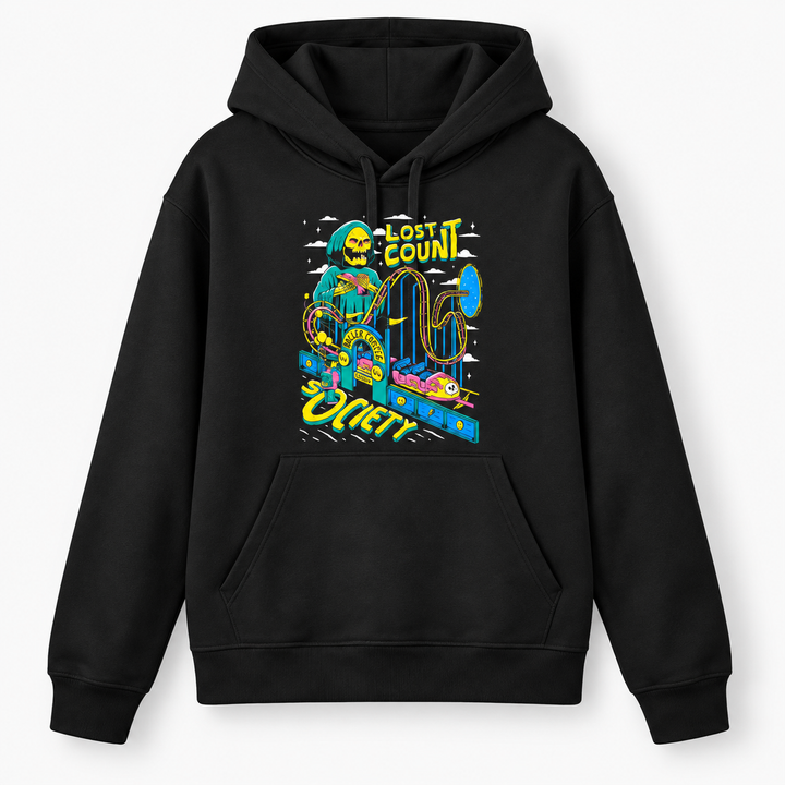 LOST COUNT SOCIETY Hoodie in Schwarz – Vorderansicht mit buntem Skelett- und Achterbahn-Print – Coasterfashion