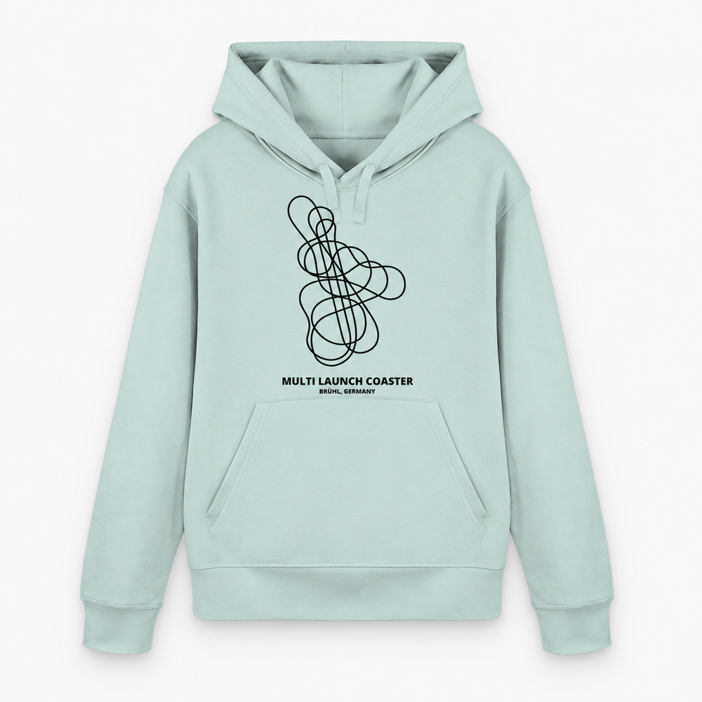 Multi Launch Coaster Brühl Layout Hoodie von Coasterfashion in Caribbean Blue – Vorderansicht mit schwarzem Achterbahn-Print