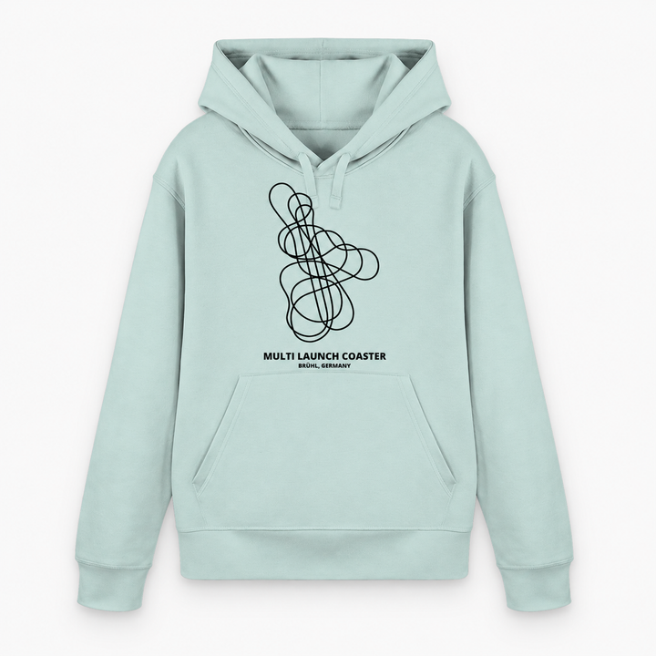 Multi Launch Coaster Brühl Layout Hoodie von Coasterfashion in Caribbean Blue – Vorderansicht mit schwarzem Achterbahn-Print