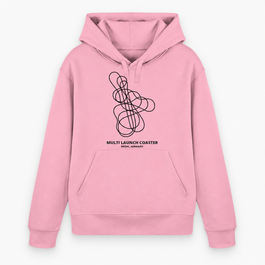 Multi Launch Coaster Brühl Layout Hoodie von Coasterfashion in Cotton Pink – Vorderansicht mit schwarzem Achterbahn-Print