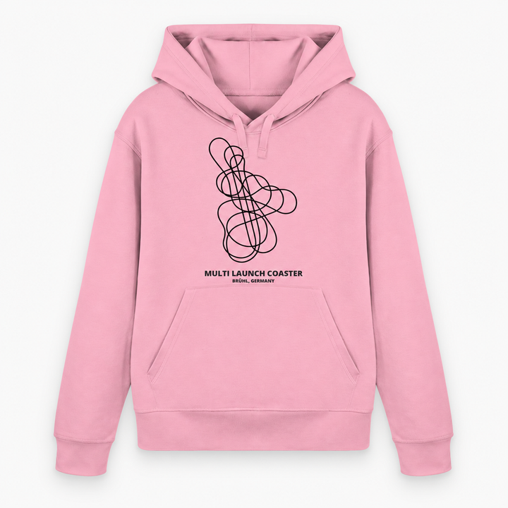 Multi Launch Coaster Brühl Layout Hoodie von Coasterfashion in Cotton Pink – Vorderansicht mit schwarzem Achterbahn-Print
