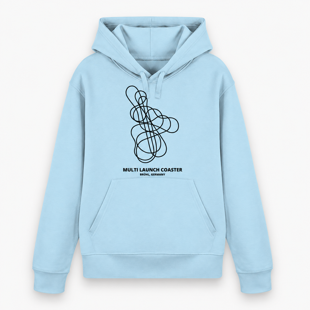Multi Launch Coaster Brühl Layout Hoodie von Coasterfashion in Sky Blue – Vorderansicht mit schwarzem Achterbahn-Print